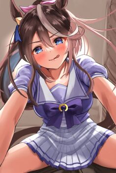 1girl :q animal_ears blush bow bowtie breasts brown_hair double-parted_bangs ear_ornament hair_between_eyes hair_bow head_tilt highres horse_ears horse_girl long_hair looking_at_viewer medium_breasts multicolored_hair pink_bow pleated_skirt ponytail pov puffy_short_sleeves puffy_sleeves purple_bow purple_bowtie purple_shirt sailor_collar school_uniform sg_(esujii) shirt short_sleeves skirt solo streaked_hair tokai_teio_(umamusume) tongue tongue_out tracen_school_uniform umamusume white_hair white_sailor_collar white_skirt yukadon_on_viewer