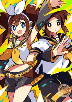 1boy 1girl anidler91 blue_eyes bow brown_eyes brown_hair commentary_request cosplay hair_bow hair_ornament hairclip highres kagamine_len kagamine_len_(cosplay) kagamine_rin kagamine_rin_(cosplay) multiple_hair_clips nate_(pokemon) nintendo pokemon pokemon_bw2 rosa_(pokemon) vocaloid yellow_background yellow_theme
