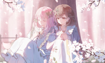 1girl 1other absurdres akiyama_mizuki braid branch brown_eyes brown_hair cherry_blossoms choker closed_eyes closed_mouth collarbone crying crying_with_eyes_open detached_sleeves dress earrings falling_petals feet_out_of_frame fence floral_print flower frilled_sleeves frills grass hair_flower hair_ornament hand_on_own_chest highres holding_hands interlocked_fingers jewelry knees_together_feet_apart knees_up leaf leaf_hair_ornament looking_at_another medium_hair outdoors petals pink_flower pink_hair pink_theme project_sekai puffy_detached_sleeves puffy_short_sleeves puffy_sleeves shinonome_ena short_sleeves side-by-side sitting sleeveless smile tears tree under_tree white_choker white_dress white_flower wooden_fence yuuneka