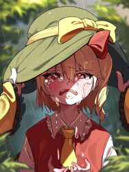 Rule 34 | blonde hair, blurry, bow, crying, crying with eyes open, depth of field, fangs, flandre scarlet, frilled sleeves, frills, frown, hair bow, hat, hat ribbon, headwear switch, highres, komeiji koishi, looking at viewer, outdoors, pov, pov hands, rain, red bow, red eyes, ribbon, side ponytail, streaming tears, tears, touhou, vuluhappy, wide sleeves