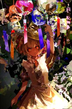 1girl abstract_background absurdres brown_hair colorful dark_skin hat highres kevin_adi looking_at_viewer original solo wind_chime wizard_hat yellow_eyes