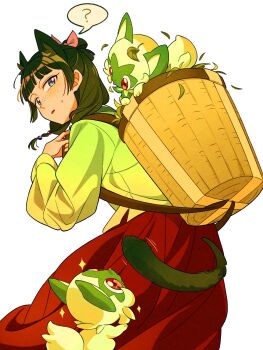 Rule 34 | 1girl, ?, animal ears, basket, beads, blue eyes, blunt bangs, cat ears, cat girl, cat tail, chinese clothes, commentary request, cowboy shot, freckles, green hair, green shirt, hair beads, hair ornament, hair ribbon, highres, kemonomimi mode, korean commentary, kusuriya no hitorigoto, leaf, leaf on head, long skirt, looking at another, maomao (kusuriya no hitorigoto), nintendo, parted lips, pink ribbon, pokemon, pokemon (creature), red eyes, red skirt, ribbon, ryeongrry11, shirt, skirt, sparkle, spoken question mark, sprigatito, sweatdrop, tail, white background