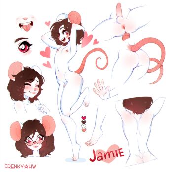1boy animal_ears anus artist_name ass back brown_hair close-up closed_eyes commentary commission furry glasses highres moschino_bunny mouse_boy mouse_ears mouse_tail nipple_piercing original penis piercing red_eyes reference_sheet standing standing_on_one_leg tail testicles trap