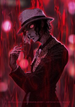 1boy absurdres aura black_hair demon fingernails formal_clothes hat highres inking kibutsuji_muzan kimetsu_no_yaiba long_sleeves looking_at_viewer male_focus manip medium_hair necktie open_mouth parted_lips partially_colored patterned portrait red_background red_eyes screentones sharp_fingernails shirt short_hair slit_pupils solo suit