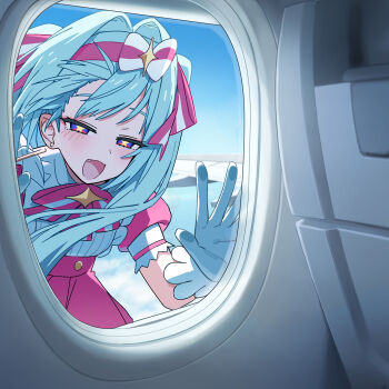 1girl :3 absurdres against_glass airplane_interior blue_hair blue_sky bow channel_(caststation) cloud day dress fang gloves hair_intakes hatsune_miku highres ima_sugu_rinne_(vocaloid) indoors long_hair looking_at_viewer open_mouth pink_dress purple_eyes short_sleeves sky smile solo sparkling_eyes vocaloid white_gloves window