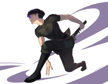 1boy 8083_blue black_boots black_hair black_pants black_shirt boots bowl_cut closed_mouth commentary drawing_sword full_body holding holding_sword holding_weapon hoshina_soshiro kaijuu_no._8 looking_ahead machete male_focus on_one_knee pants shirt short_hair short_sleeves simple_background solo sword twitter_username weapon white_background
