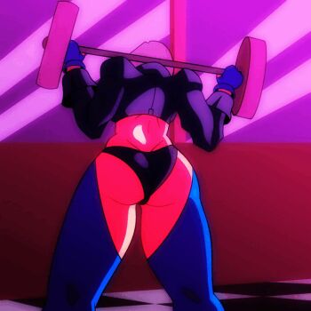 1girl angel_(kof) animated animated_gif ass ass_cutout benek bent_over bouncing_ass breasts butt_crack chaps cleavage clothing_cutout curvy exercising female_focus from_behind gloves greatdragonad gym gymnastics huge_ass jacket jiggle large_breasts leather looking_back muscular muscular_female pale_skin panties pussy revealing_clothes riding short_hair sitting squatting the_king_of_fighters thick_thighs thighs tight_clothes torn_clothes torn_legwear underwear wardrobe_malfunction weightlifting white_hair wide_hips