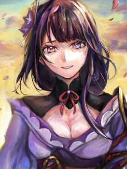 1girl armor blunt_bangs breasts bridal_gauntlets cleavage clothing_cutout commentary falling_petals genshin_impact hair_ornament highres japanese_clothes kimono large_breasts long_hair mole mole_under_eye multicolored_eyes neck_ribbon outdoors parted_lips petals purple_eyes purple_hair purple_kimono raiden_shogun red_ribbon red_sash ribbon sash shade shiramigame shoulder_armor shoulder_cutout sketch sky smile solo standing sunset upper_body wide_sleeves