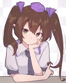 1girl brown_eyes brown_hair closed_mouth collared_shirt eyes_visible_through_hair grey_background grey_necktie grey_shirt hair_between_eyes hair_ribbon hand_on_own_face hand_up hat highres himekaidou_hatate kanpa_(campagne_9) long_hair looking_to_the_side necktie one-hour_drawing_challenge pointy_ears puffy_short_sleeves puffy_sleeves purple_hat purple_ribbon ribbon shirt short_sleeves sitting solo square table tokin_hat touhou twintails upper_body white_background