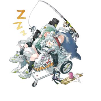 1girl aged_down animal_ears assault_rifle black_socks blanket blush_stickers bullpup caseless_firearm character_doll closed_eyes clothes_writing cui_pi_zha_xia_qiu doll fish-shaped_pillow fishing_rod full_body g11_(fluffy_dumptruck)_(girls'_frontline) g11_(girls'_frontline) girls'_frontline green_blanket grey_hair gun h&amp;k_g11 headband highres hk416_(black_kitty's_gift)_(girls'_frontline) hk416_(girls'_frontline) in_cart jitome kemonomimi_mode knee_pads long_hair lying mouse_ears notched_ear official_alternate_costume official_art on_back open_mouth paper_hat patchwork_clothes paw_print red_headband rifle sale shoes shopping_cart simple_background single_knee_pad sleeping sneakers socks solo spool sticker stitches third-party_source transparent_background ump45_(agent_lop_rabbit)_(girls'_frontline) ump45_(girls'_frontline) ump9_(girls'_frontline) ump9_(shiba_investigator)_(girls'_frontline) very_long_hair weapon white_shoes zzz