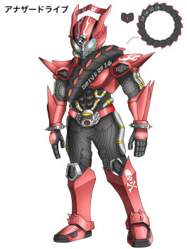 1boy another_drive another_rider_(zi-o) armor belt black_skin bracelet car colored_skin engine flame_print highres jewelry kamen_rider kamen_rider_drive kamen_rider_drive_(series) kamen_rider_drive_(type_speed) kamen_rider_zi-o_(series) monster motor_vehicle no_humans original race_vehicle racecar red_armor red_belt shadow_(modeler3622) spiked_bracelet spikes standing teeth type_speed wheel white_background white_eyes