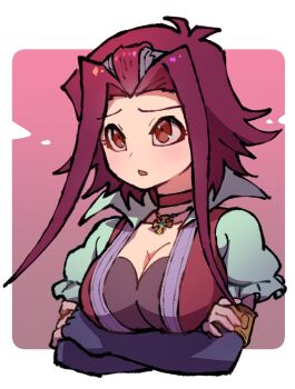 1girl black_gloves border breasts cleavage fingerless_gloves gloves highres izayoi_aki large_breasts pink_background red_eyes red_hair short_hair simple_background solo upper_body white_border youko-shima yu-gi-oh! yu-gi-oh!_5d's