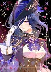 Rule 34 | 1girl, absurdres, ascot, black corset, black hair, blue ascot, blue hair, blue hat, breasts, clorinde (genshin impact), commentary, corset, epaulettes, genshin impact, gloves, hat, hat feather, highres, jewelry, long hair, looking at viewer, moonieclover, purple ascot, purple eyes, shirt, solo, tricorne, upper body, very long hair, white gloves, white shirt