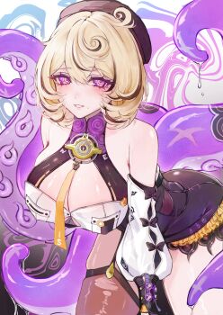 1girl absurdres accessories asymmetrical_shorts bare_shoulders bent_over beret black_bow blonde_hair bow breasts brown_hat brown_thighhighs button_gap cleavage commentary_request cowboy_shot detached_sleeves garter_straps grin hair_between_eyes hat high-waist_shorts highres large_breasts looking_at_viewer mole mole_under_mouth monster_girl out_of_frame parted_lips purple_eyes ringed_eyes scylla shirt short_hair shorts single_garter_strap single_thighhigh slime_(substance) smile solo ss4xl suction_cups tentacle_girl tentacle_tail tentacles thighhighs torn_clothes torn_thighhighs white_background white_shirt white_sleeves yidhari_murphy zenless_zone_zero