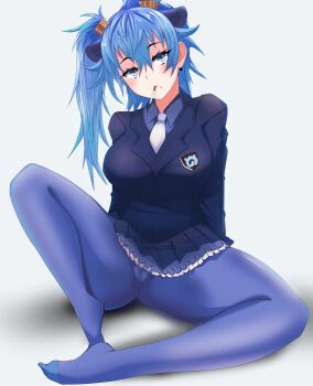 1girl absurdres animal_ears blue_eyes blue_hair blush breasts cigarette dragon_girl dragon_tail extra_ears gloves hair_between_eyes highres jacket japari_symbol kemono_friends large_breasts long_hair long_sleeves looking_at_viewer nanoder necktie panties panties_under_pantyhose pantyhose seiryuu_(kemono_friends) shirt sitting skirt solo spread_legs tail twintails underwear