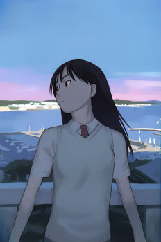 1girl absurdres black_eyes black_hair female_focus highres long_hair looking_to_the_side muted_color ocean school_uniform shade sky solo sweater sweater_vest takamichi tree vest water