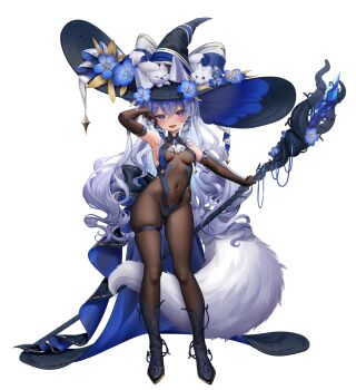 1girl animal_ears armpits black_bodystocking black_boots blue_eyes blush boots breasts cat covered_navel flower full_body groin hat hat_flower highres holding holding_staff large_hat long_hair looking_at_viewer mage_staff medium_breasts open_mouth original shangtianrudi_xiaobailang simple_background smile solo staff tail thigh_strap tongue tongue_out waist_cape white_background white_hair witch witch_hat wolf wolf_ears wolf_girl wolf_tail