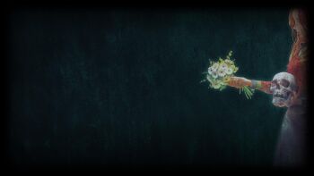 1girl bone bouquet closed_mouth diana_(kyokugen_dasshutsu) flower highres holding holding_bouquet holding_skull kyokugen_dasshutsu long_hair long_skirt long_sleeves official_art orange_hair red_sweater skirt skull solo sweater third-party_source tomono_rui white_flower zero_escape:_toki_no_dilemma