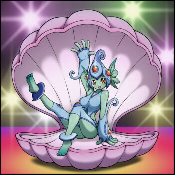 1girl anklet arm_support arm_up barefoot breasts clam clothing_cutout curvy derivative_work digimon digimon_(creature) digimon_frontier feet female_focus fingerless_gloves fins gloves head_fins helmet jewelry leg_up loodanonmus looking_at_viewer one-piece_swimsuit open_mouth ranamon red_eyes salute screenshot_redraw sitting smile solo stage stage_lights swimsuit thigh_cutout thighs wide_hips