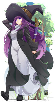1girl :| arm_up artist_name bayeuxman belt black_boots black_coat black_hat blunt_bangs boots breasts brown_belt closed_mouth coat commentary_request covered_groin dress expressionless eyelashes falling_leaves fern_(sousou_no_frieren) full_body hand_on_own_head hat hat_belt highres holding holding_staff knee_boots large_breasts large_hat leaf long_hair long_sleeves looking_at_viewer mage_staff open_clothes open_coat paid_reward_available purple_eyes purple_hair signature solo sousou_no_frieren staff standing straight_hair tree turtleneck turtleneck_dress variant_set white_background white_dress witch_hat