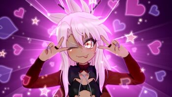 1girl 3d armor blush breastplate capelet chloe_von_einzbern closed_mouth dark-skinned_female dark_skin fate/kaleid_liner_prisma_illya fate_(series) female_focus fingerless_gloves gloves gs-mantis hair_between_eyes hair_ornament hairpin half_updo hands_up heart highres jewelry licking long_sleeves looking_at_viewer magical_girl medium_hair nail_polish one_eye_closed orange_eyes pink_hair ponytail smile solo tongue tongue_out wink