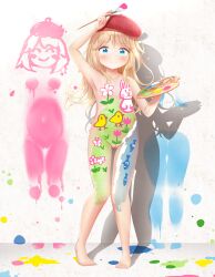 1girl animal arm_up baby_animal barefoot beret bird blonde_hair blue_eyes blush bodypaint chick collarbone fish flat_chest flower hat highres holding holding_paint_palette holding_paintbrush loli long_hair looking_at_viewer navel nipples nude original paint paint_palette paint_splatter paintbrush pink_flower pussy rabbit red_hat renati_(renatium) smile smiley_face standing