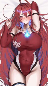 1girl 404_(pixiv_94263879) ahoge blue_hair blush breasts cleavage colored_inner_hair covered_navel elizabeth_rose_bloodflame elizabeth_rose_bloodflame_(holonatsu_paradise) fire_on_chest hashtag-only_commentary highres hololive hololive_english large_breasts looking_at_viewer multicolored_hair navel one-piece_swimsuit red_eyes red_one-piece_swimsuit smile solo swimsuit thigh_strap virtual_youtuber