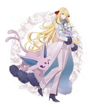 1girl alternate_color blonde_hair body_fur bouquet coat commentary_request cynthia_(pokemon) espeon flower forehead_jewel forked_tail full_body gen_2_pokemon hair_over_one_eye highres holding holding_bouquet long_hair nintendo official_alternate_color pants pokemon pokemon_(creature) pokemon_dppt purple_fur sakaralalala simple_background tail very_long_hair white_background white_coat white_pants