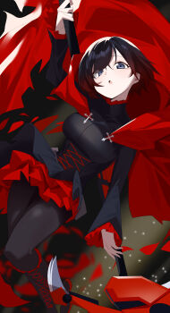1girl absurdres black_hair boots breasts cape commentary corset english_commentary falling_petals gradient_hair grey_eyes highres holding holding_scythe long_sleeves looking_at_viewer medium_breasts multicolored_hair open_mouth pantyhose petals red_cape red_hair red_skirt rose_petals ruby_rose rwby scythe short_hair skirt solo wako_(1194433260)