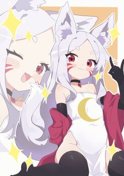 Rule 34 | 1girl, :3, animal ear fluff, animal ears, animated, animated gif, bare shoulders, black choker, black gloves, black thighhighs, blush stickers, choker, closed mouth, collarbone, commission, crescent print, dress, elbow gloves, facial mark, fang, flat chest, fox ears, fox girl, fox shadow puppet, fox tail, gloves, grey hair, highres, long hair, looking at viewer, masakamea, no shoes, one eye closed, open mouth, parted bangs, pelvic curtain, print dress, red eyes, red shawl, second-party source, sewayaki kitsune no senko-san, shawl, shiro (sewayaki kitsune no senko-san), side slit, sidelocks, sitting, skeb commission, smile, solo, sparkle, strapless, strapless dress, tail, thighhighs, very long hair, whisker markings, white dress, winking (animated), zoom layer