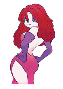 1girl ass breasts button_eye buttons cosplay dress elbow_gloves glitch_productions gloves highres jessica_rabbit jessica_rabbit_(cosplay) looking_at_viewer looking_back ragatha_(the_amazing_digital_circus) red_dress red_hair the_amazing_digital_circus who_framed_roger_rabbit