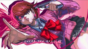 1girl arm_up black_skirt bow bowtie brown_hair cardigan choker collared_shirt commentary cowboy_shot earrings english_commentary evoker flipped_hair gekkoukan_high_school_uniform gun hair_over_one_eye highres holding holding_gun holding_weapon jewelry kornart lips long_sleeves looking_at_viewer miniskirt open_hand parted_lips persona persona_3 persona_3_reload pink_cardigan pink_eyes pink_lips pleated_skirt pointing pointing_at_self red_bow red_bowtie ribbed_cardigan school_uniform shirt short_hair skirt solo stud_earrings summoning swept_bangs takeba_yukari thighs twitter_username weapon white_choker white_shirt