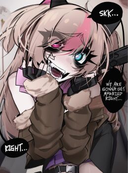 Rule 34 | 1girl, ace glitch, basti (girls' frontline 2), black gloves, blue eyes, brown hair, brown jacket, commentary, drooling, english commentary, english text, eyes visible through hair, fangs, fingerless gloves, girls' frontline, girls' frontline 2: exilium, gloves, gun, h&amp;k mark 23, hair over one eye, handgun, heart, heart-shaped pupils, heterochromia, highres, holding, holding gun, holding weapon, jacket, long hair, looking at viewer, mk23 (girls' frontline), multicolored hair, open mouth, pearto, pink eyes, pink streaks, saliva, sitting, solo, speech bubble, streaked hair, symbol-shaped pupils, talking, two side up, weapon, yandere