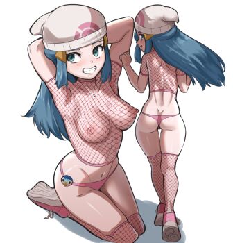 1girl armpits arms_behind_head ass back beanie blue_eyes blue_hair breasts dawn_(pokemon) fishnet_thighhighs fishnet_top fishnets gen_4_pokemon hat nico-mo nintendo nipples panties pink_panties pink_shoes piplup pokemon pokemon_dppt pokemon_platinum shoes thighhighs thighs underwear