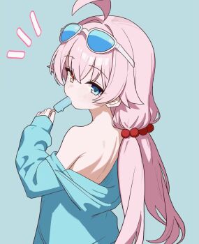 1girl ahoge animated bare_back bare_shoulders blue_archive blue_eyes blue_jacket braid food hair_flaps hair_ornament heterochromia highres hoshino_(blue_archive) hoshino_(swimsuit)_(blue_archive) jacket loli long_hair looking_at_viewer open_mouth orange_eyes pink_hair popsicle saho_4545 simple_background sunglasses tagme tongue tongue_out video