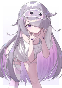 1girl :3 absurdres banteu bent_over colored_inner_hair commentary cowboy_shot english_commentary gem gradient_hair grey_hair hair_over_one_eye hand_jewel highres hololive hololive_english jewel_under_eye koseki_bijou koseki_bijou_(pebble_pajamas) long_hair looking_at_viewer loose_clothes loose_shirt mask mask_on_head multicolored_hair official_alternate_costume official_alternate_hairstyle purple_gem purple_hair shirt single_thighhigh sleep_mask solo striped_clothes striped_thighhighs thigh_strap thighhighs virtual_youtuber white_shirt