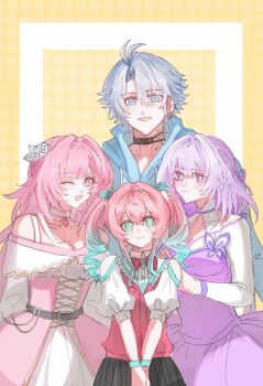 1boy 3girls antenna_hair belt blacies blue_eyes bug butterfly castorice_(honkai:_star_rail) chinese_commentary choker criss-cross_strings cyrene_(honkai:_star_rail) cyrene_(ripples_of_past_reverie)_(honkai:_star_rail) diamond-shaped_pupils diamond_(shape) dress drill_hair earrings flower gradient_hair green_eyes hair_flower hair_ornament hair_ribbon highres honkai:_star_rail honkai_(series) hood hoodie hyacine_(honkai:_star_rail) insect jewelry light_blush long_sleeves multicolored_hair multiple_girls off_shoulder one_eye_closed phainon_(honkai:_star_rail) pink_hair pleated_skirt pointy_ears polka_dot polka_dot_background puffy_sleeves purple_eyes purple_hair ribbon single_earring skirt smile sun_symbol symbol-shaped_pupils twin_drills white_hair yellow_background