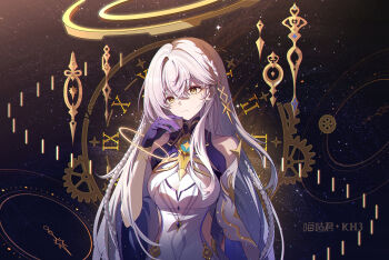 1girl arm_behind_back bare_shoulders braid breasts cleavage closed_mouth dress genshin_impact hair_between_eyes halo hand_up highres istaroth_(genshin_impact) large_breasts long_hair miaogujun sleeveless sleeveless_dress solo star_(sky) starry_sky_background upper_body very_long_hair white_dress white_hair yellow_eyes