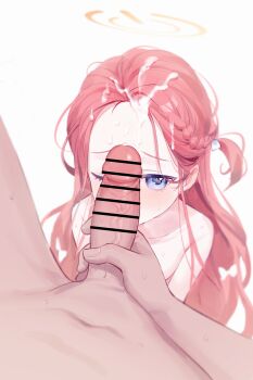 1boy 1girl absurdres bar_censor blue_archive blue_eyes blush bow braid breath censored completely_nude cum cum_on_body cum_on_hair ejaculation erection facial forehead hair_bow halo heavy_breathing hetero highres krixxis4 loli long_hair looking_at_penis looking_at_viewer male_masturbation masturbation nude one_eye_closed orange_halo penis penis_on_face penis_over_one_eye pov pov_crotch red_hair side_braid simple_background sweat veins veiny_penis very_long_hair white_background yuzu_(blue_archive)