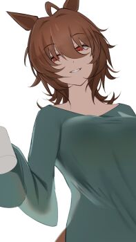 1girl agnes_tachyon_(umamusume) ahoge animal_ears brown_hair commentary_request green_shirt grin hair_between_eyes highres horse_ears horse_girl long_sleeves medium_hair parted_lips red_eyes sei_(bigaa) shirt simple_background smile solo umamusume white_background wolf_cut