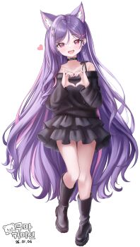 1girl :d absurdres animal_ear_fluff animal_ears bare_shoulders black_boots black_collar black_skirt black_sweater boots butterfly_hair_ornament character_request collar commentary commission copyright_request english_commentary fangs full_body hair_ornament heart heart_hands highres kuma_piv layered_skirt long_hair long_sleeves looking_at_viewer miniskirt multicolored_hair off-shoulder_sweater off_shoulder open_mouth pink_hair purple_eyes purple_hair simple_background skirt smile streaked_hair sweater very_long_hair virtual_youtuber white_background