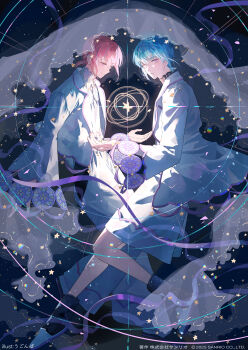 2boys androgynous armillary_sphere artist_name black_background black_boots black_shoes blue_hair boots braid brothers celestial_globe coat copyright_notice curtains fragaria_memories full_body hand_up highres holding holding_star jumpsuit klarkstella_(fragaria_memories) light_smile long_sleeves looking_at_object looking_at_viewer louterstella_(fragaria_memories) male_focus multicolored_hair multiple_boys official_art parted_lips pink_hair pinky_ring ponytail purple_ribbon purple_trim ribbon see-through_curtains shoes short_hair shorts siblings sidelocks star_(sky) star_(symbol) streaked_hair twins ugonba_(howatoro) white_coat white_shorts wide_sleeves