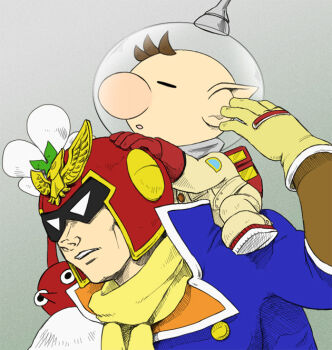 2boys backpack bag big_nose black_eyes blue_coat bracer brown_hair buttons captain_falcon clenched_teeth closed_eyes coat collared_coat colored_skin commentary_request f-zero flower full_body gloves grey_background hand_on_another's_head height_difference helmet high_collar lapels male_focus multiple_boys naru_(wish_field) nintendo no_mouth notched_lapels olimar open_mouth patch pikmin_(creature) pikmin_(series) pointy_ears pointy_nose red_bag red_gloves red_helmet red_pikmin red_skin scarf short_hair simple_background sitting_on_shoulder solid_eyes space_helmet spacesuit super_smash_bros. teeth two-sided_coat two-sided_fabric upper_body very_short_hair white_eyes white_flower yellow_gloves yellow_scarf