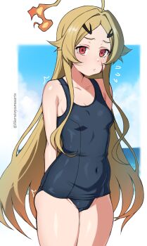 1girl :/ ^^^ ahoge arms_behind_back bare_shoulders blonde_hair blue_one-piece_swimsuit blush breasts closed_mouth commentary covered_navel cowboy_shot facial_mark fiery_hair flying_sweatdrops harutoyumaarts huge_ahoge long_hair looking_at_viewer old_school_swimsuit one-piece_swimsuit parted_bangs red_eyes school_swimsuit small_breasts solo standing swimsuit teoritta twitter_username very_long_hair yuushakei_ni_shosu