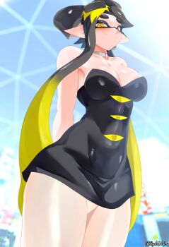 1girl black_hair blush breasts callie_(alterna)_(splatoon) callie_(splatoon) dress earrings from_below inkling jewelry kyocallscats large_breasts looking_at_viewer nintendo pointy_ears short_dress splatoon_(series) splatoon_3 sunlight tentacle_hair twintails white_hair wide_hips yellow_eyes