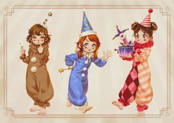 3girls alkemanubis argyle argyle_clothes barefoot blue_eyes blue_hat blue_onesie blush bow brown_background brown_bow brown_eyes brown_hair brown_onesie clown clown_nose crescent_print double_bun facepaint facial_mark flower hair_bow hair_bun hand_on_own_hip hat highres holding holding_flower holding_wand index_finger_raised jack-in-the-box lipstick looking_at_viewer low_twintails makeup multiple_girls neck_ribbon onesie open_mouth orange_onesie original pink_hat pink_onesie pom_pom_(clothes) print_headwear red_hair red_lips ribbon short_hair smile squirt_flower standing standing_on_one_leg star_(symbol) star_facial_mark star_on_cheek star_print striped_background striped_clothes striped_headwear teeth twintails walking wand waving white_flower white_hat white_ribbon wizard_hat