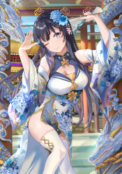 Rule 34 | 1girl, absurdres, alternate costume, asymmetrical clothes, black hair, blue eyes, blue sailor collar, blush, breasts, china dress, chinese clothes, cleavage, cleavage cutout, clothing cutout, detached sleeves, dragon, dress, floral print, flower, hair flower, hair ornament, hairclip, hand fan, highres, long hair, looking at viewer, mosta (lo1777789), one eye closed, pelvic curtain, sailor collar, sakurajima mai, seishun buta yarou, side slit, sleeveless, sleeveless dress, smile, solo, thighhighs, white thighhighs, wide sleeves