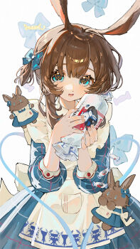 1girl absurdres amiya_(arknights) animal_ears apron arknights blue_bow blue_dress blue_eyes bow brown_hair candy chinese_commentary choshanland_plushy_(arknights) commentary_request dress fingernails food frilled_apron frills hair_between_eyes hair_bow hands_up highres holding holding_candy holding_food long_hair long_sidelocks long_sleeves looking_at_viewer one_side_up open_mouth plaid_clothes plaid_dress pocket rabbit rabbit_ears rabbit_girl sidelocks solo teeth three-quarter_sleeves upper_body upper_teeth_only white_apron white_rabbit_candy wispy_bangs xiao_pa_crawl