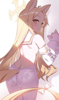 1girl against_wall animal animal_ear_fluff animal_ears animal_on_head ass back bare_back bare_shoulders bird bird_on_head blonde_hair blue_archive blush bow bright_pupils butt_crack closed_mouth clothing_cutout commentary_request cowboy_shot cross_halo detached_sleeves extra_ears forehead fox_ears fox_girl fox_tail from_behind halo hand_up hands_up highres lace lace-trimmed_panties lace_trim loli long_hair long_sleeves looking_at_viewer looking_back nanoyo on_head paid_reward_available panties panties_under_leotard panties_under_pantyhose pantyhose parted_bangs sailor_collar seia_(blue_archive) shadow sidelocks simple_background sleeve_bow sleeves_past_wrists slit_pupils smile solo split_mouth tail tail_bow tail_ornament tail_through_clothes thigh_gap thighs tit_(bird) underwear very_long_hair very_long_tail white_background white_bow white_panties white_pantyhose white_pupils white_sailor_collar wide_sleeves yellow_bow yellow_eyes yellow_halo