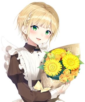 1boy apron black_dress blonde_hair blush bouquet braid collared_dress commentary_request crossdressing crossdressing_(mtf) dress flower green_eyes highres holding holding_bouquet juliet_sleeves long_sleeves male_focus nezumidoshi nijisanji official_alternate_costume official_alternate_hairstyle official_artist_extra puffy_sleeves rose solo suzuya_aki suzuya_aki_(5th_costume) tongue virtual_youtuber white_apron yellow_flower